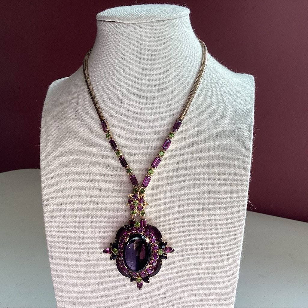 Vintage Alice Caviness Purple Green Rhinestone Necklace 170$